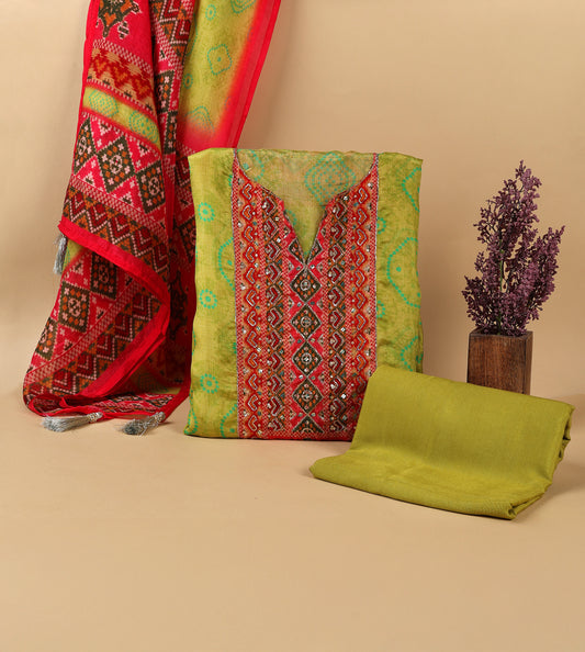 Lime Green Opada Silk Bandhej Printed Kurta with Embellished Neck