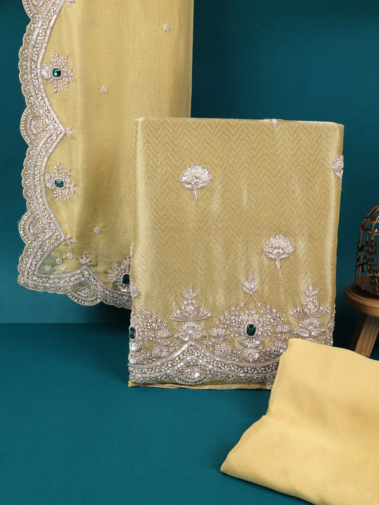 Yellow Jaquard Tissue Kurta with Zardozi and Sequence Work