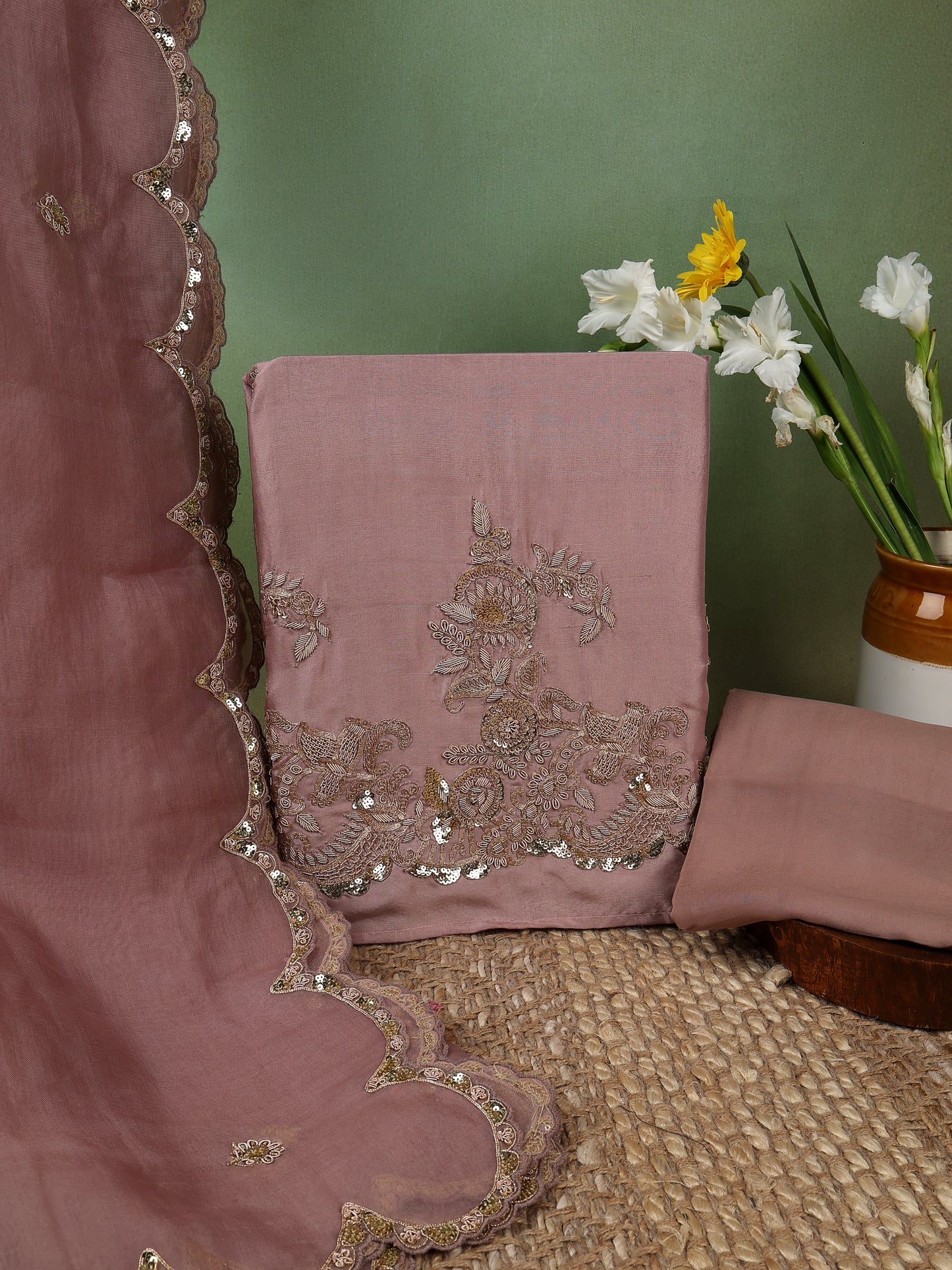 English Pink Pure Dupion Suit with Zardozi and Sequence
