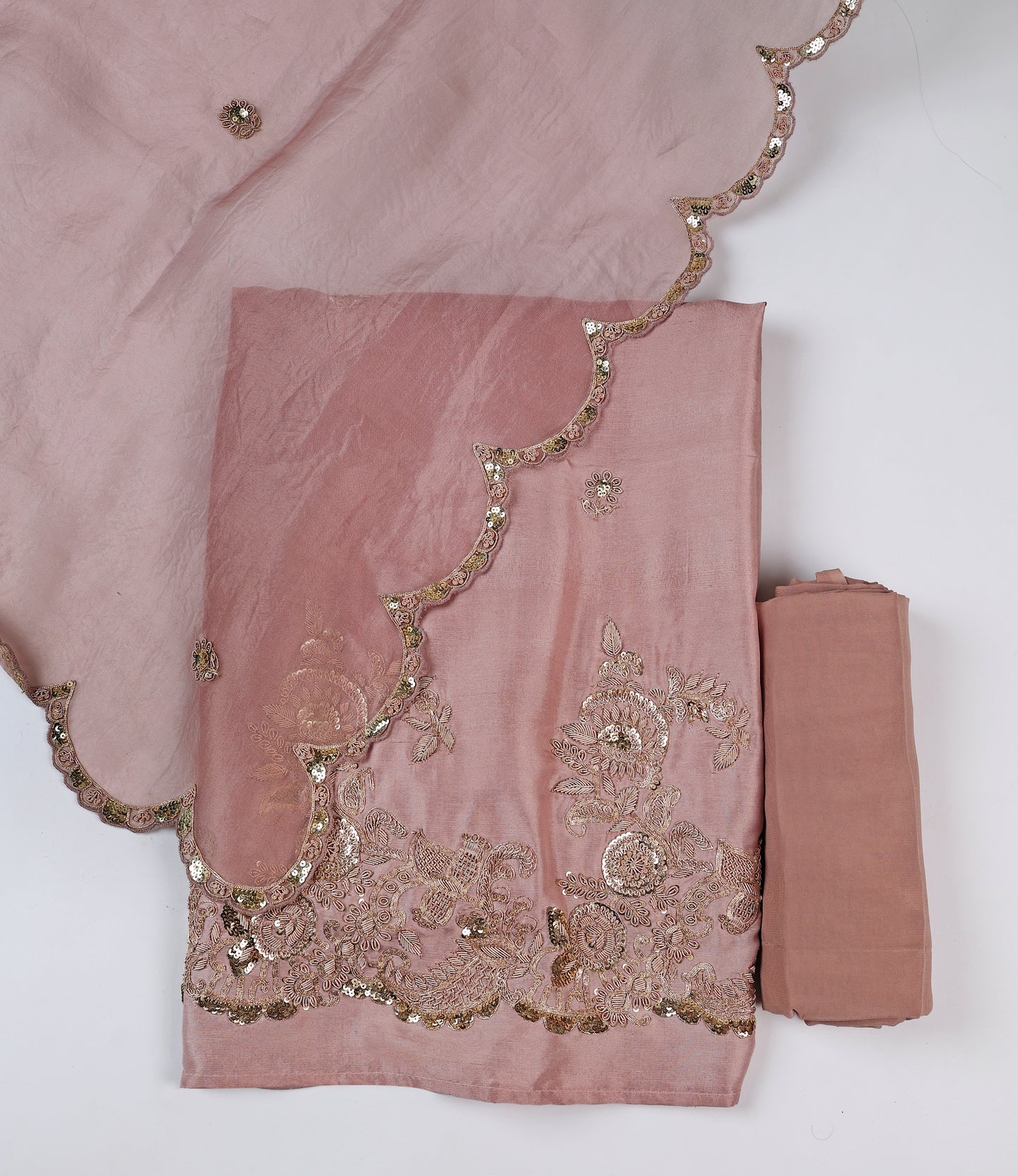 English Pink Dupion Suit with Zardozi & Sequence Work