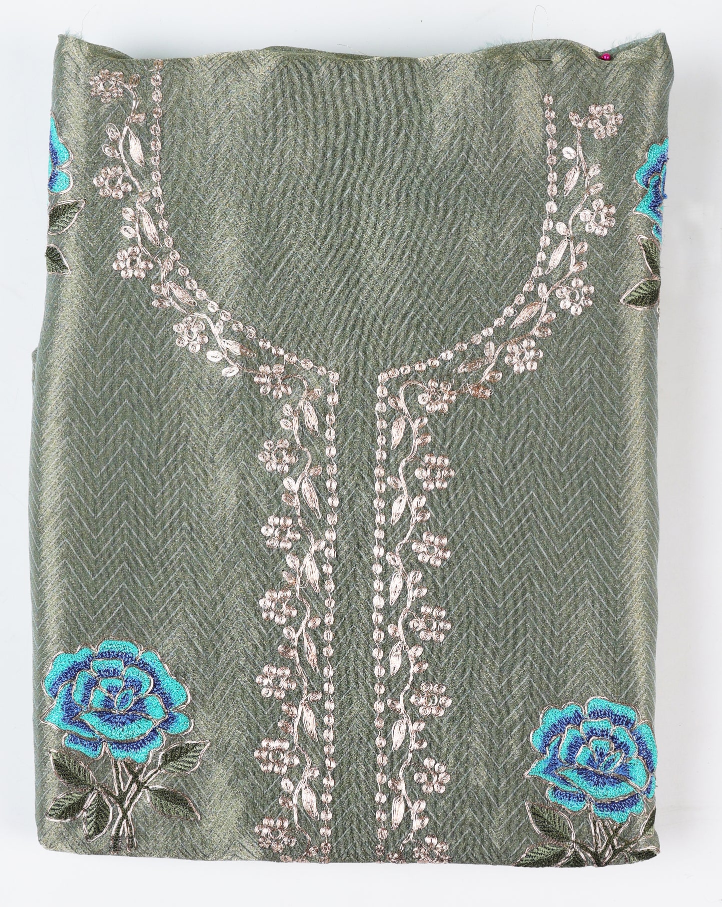 Grey Jaquard Tissue Suit Set with Zari & Resham Butti