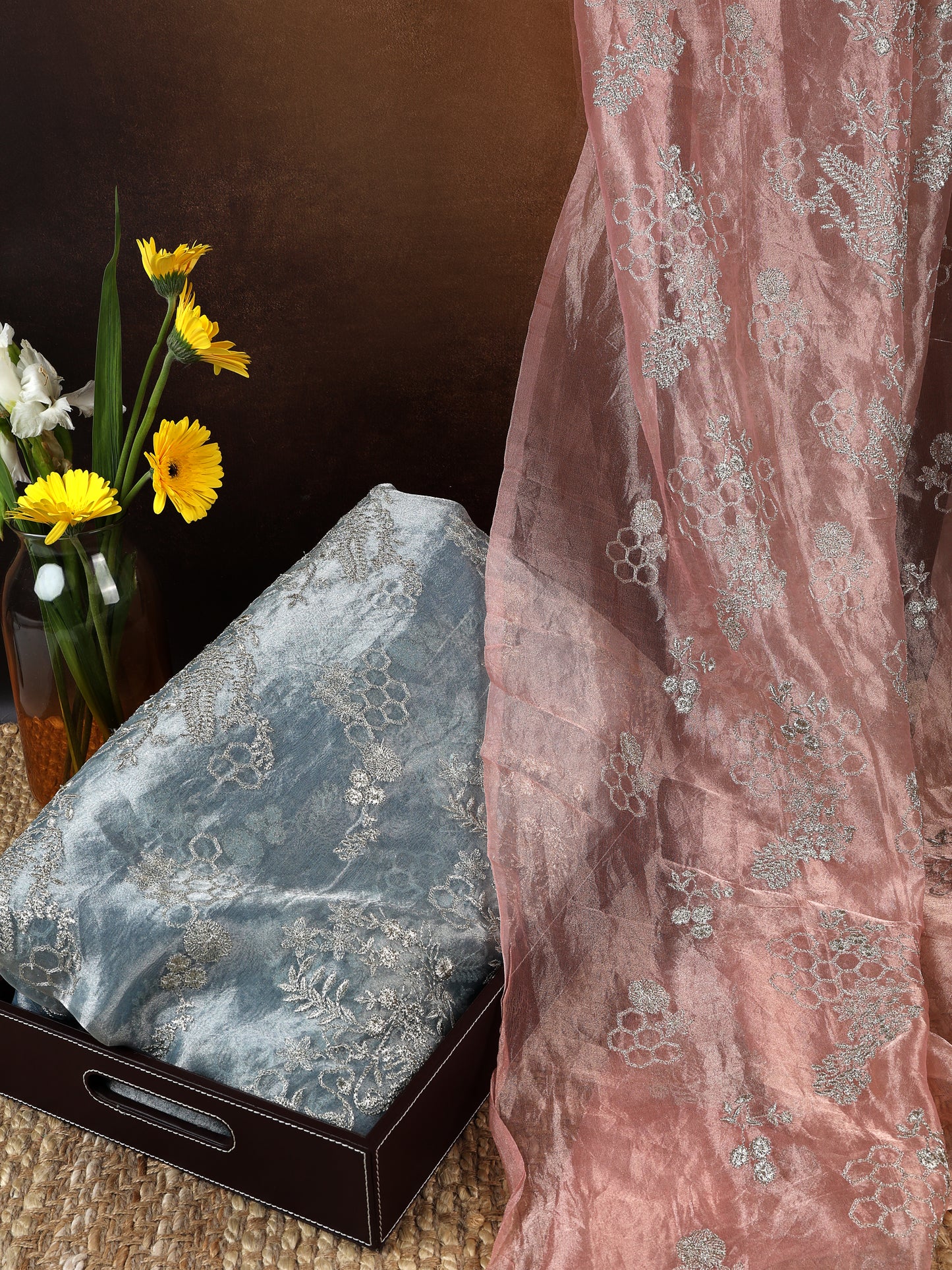 Organza Tissue With Kasab Zari Jaal Embroidery Fabric in Baby Pink, Powder Blue shades