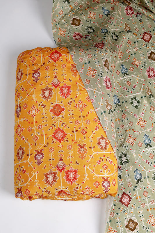 Dupion Floral Aari and Sequins Embroidery Fabric in Sea Green and Orange