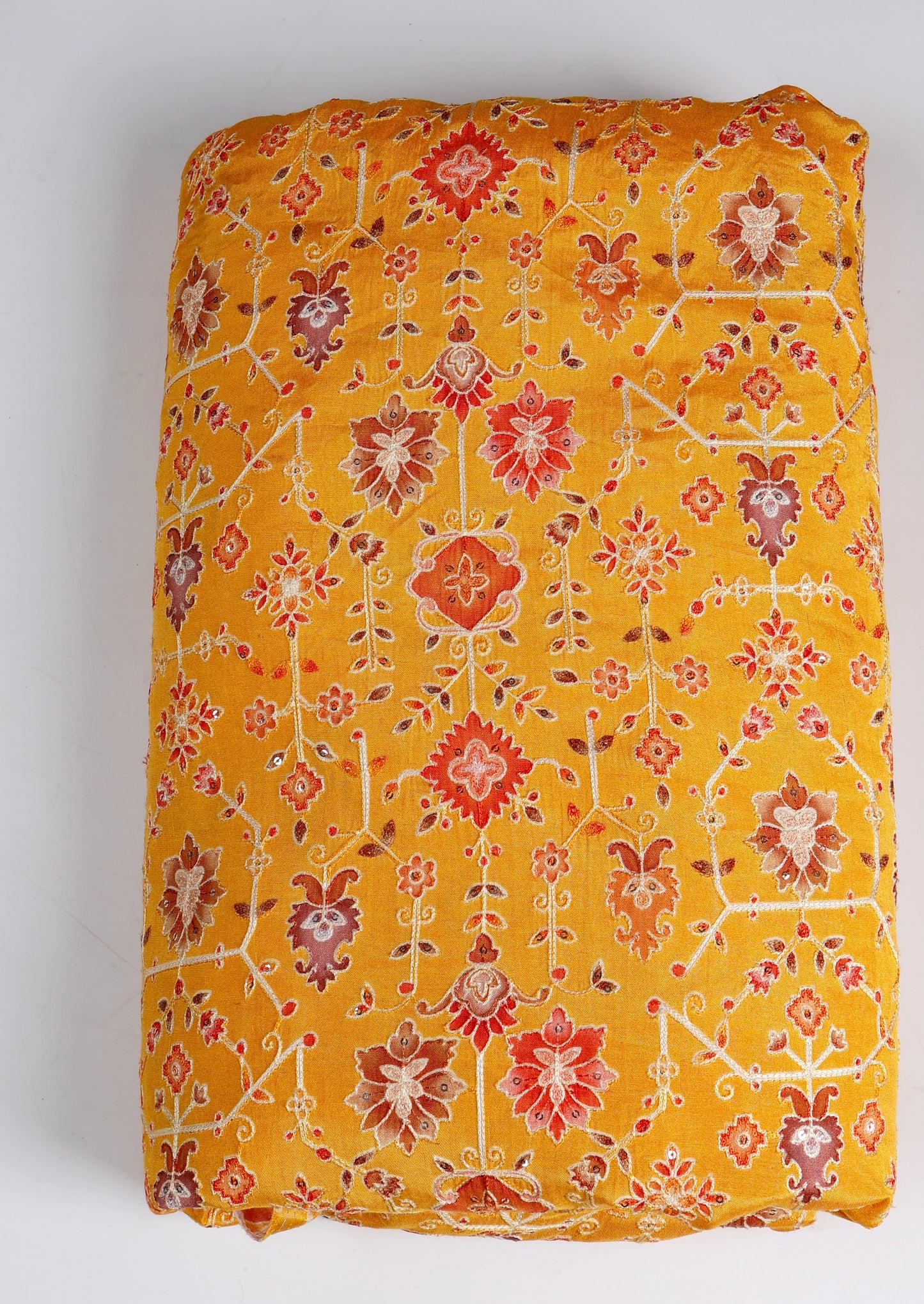 Dupion Floral Printed with Aari & Sequins Embroidery Fabric