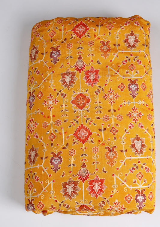 Dupion Floral Printed with Aari & Sequins Embroidery Fabric