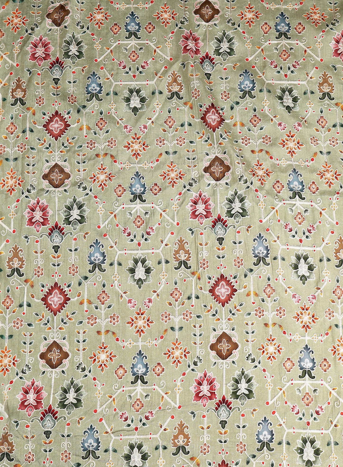 Dupion Floral Printed with Aari & Sequins Embroidery Fabric