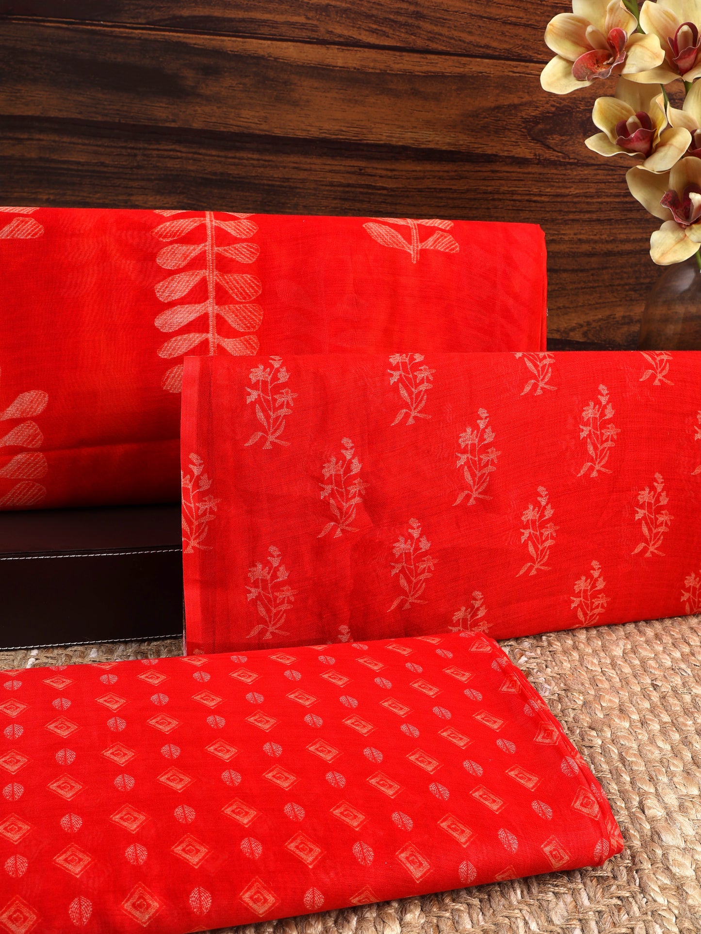 Silk Chanderi Buta Printed Fabric in Red