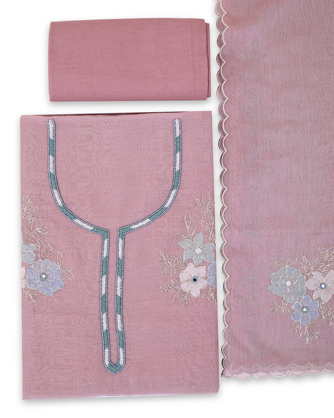 Dusty Mauve Fine Chanderi Suit with Embroidery & Dupatta Set