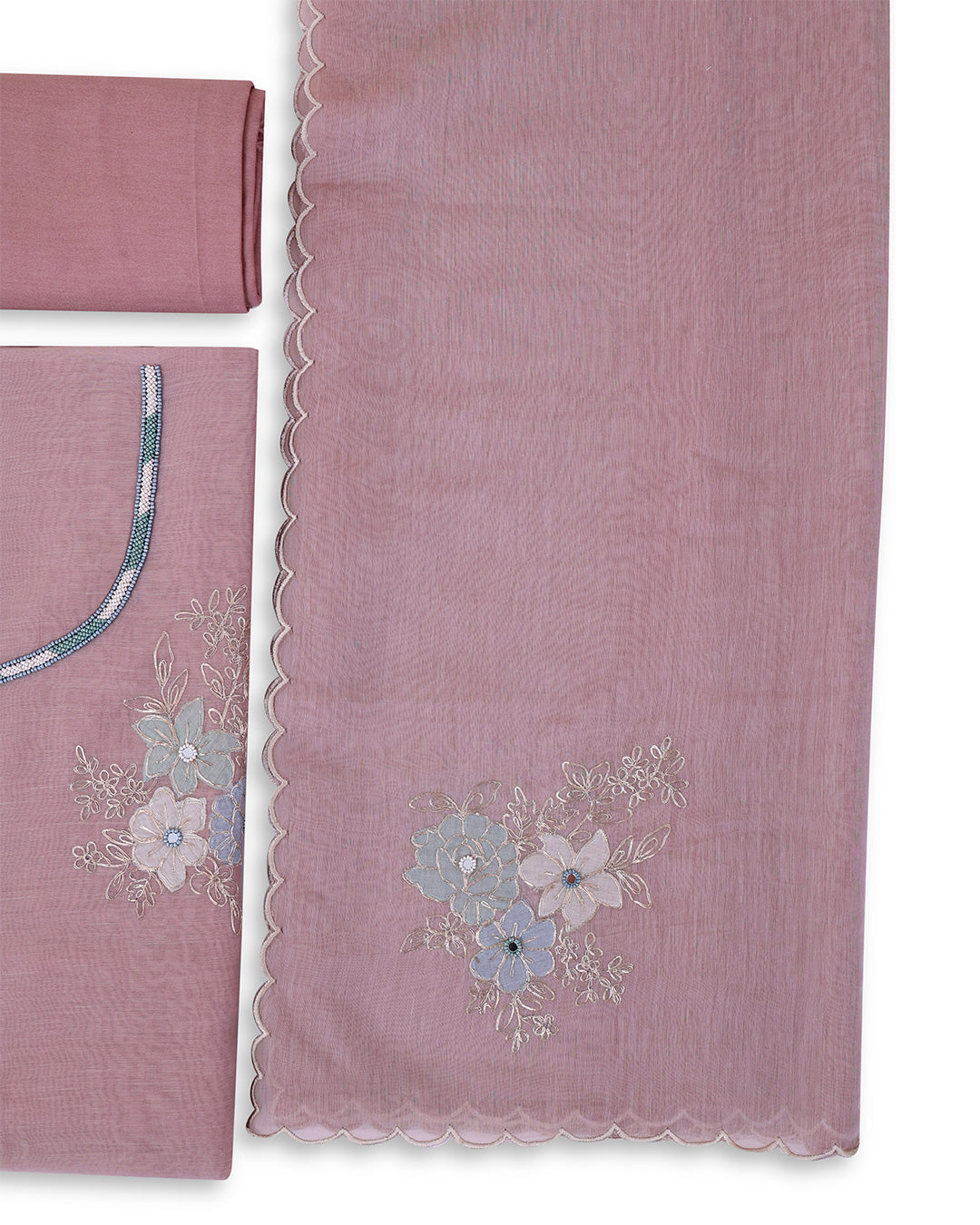 Dusty Mauve Fine Chanderi Suit with Embroidery & Dupatta Set