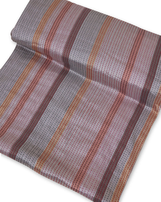 Silver Grey Muga Tissue Multi Horizontal Patta Fabric with Katha Stitches