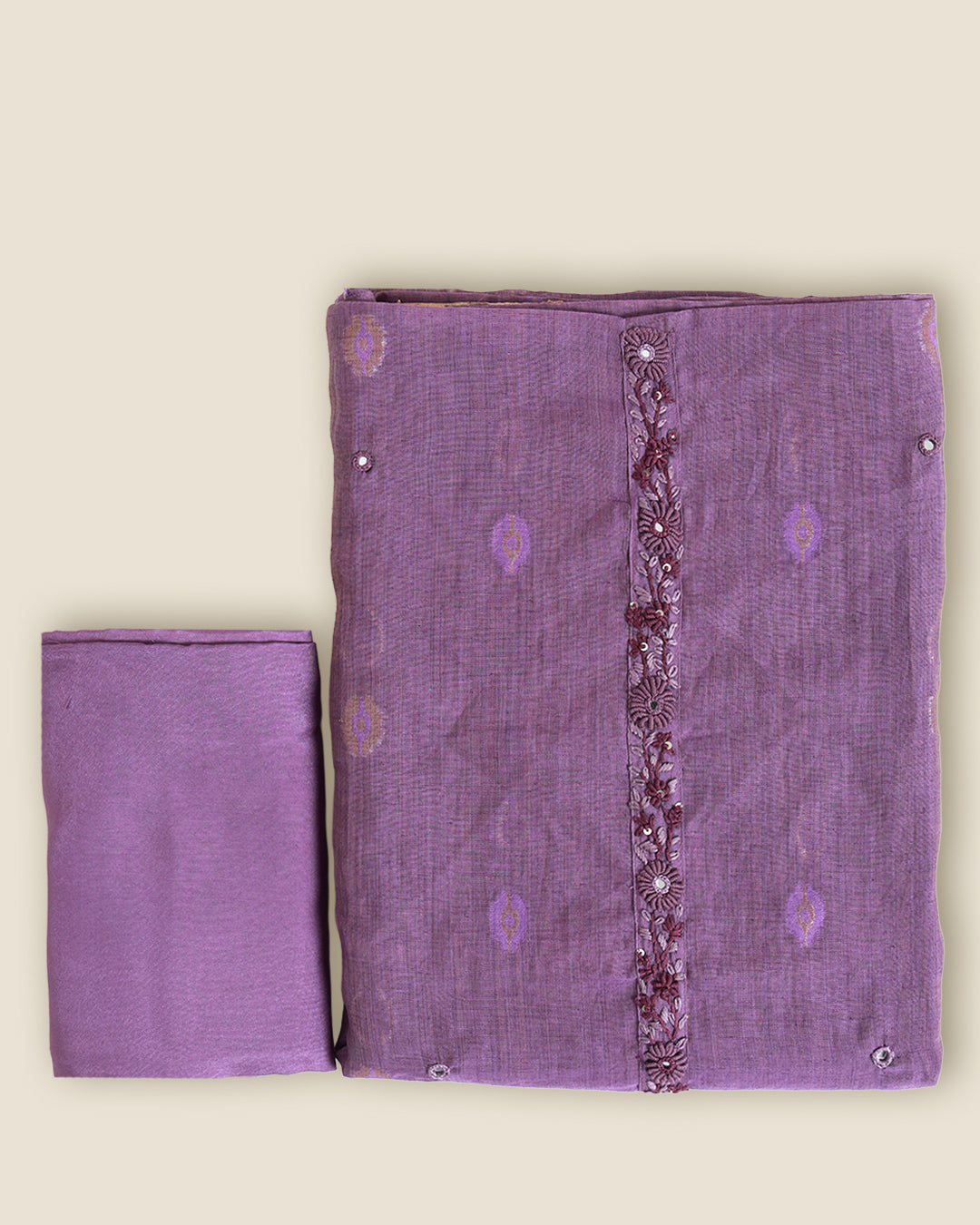 Purple Kora Chanderi Woven Suit with Thread, Sequence & Mirror Embroidery