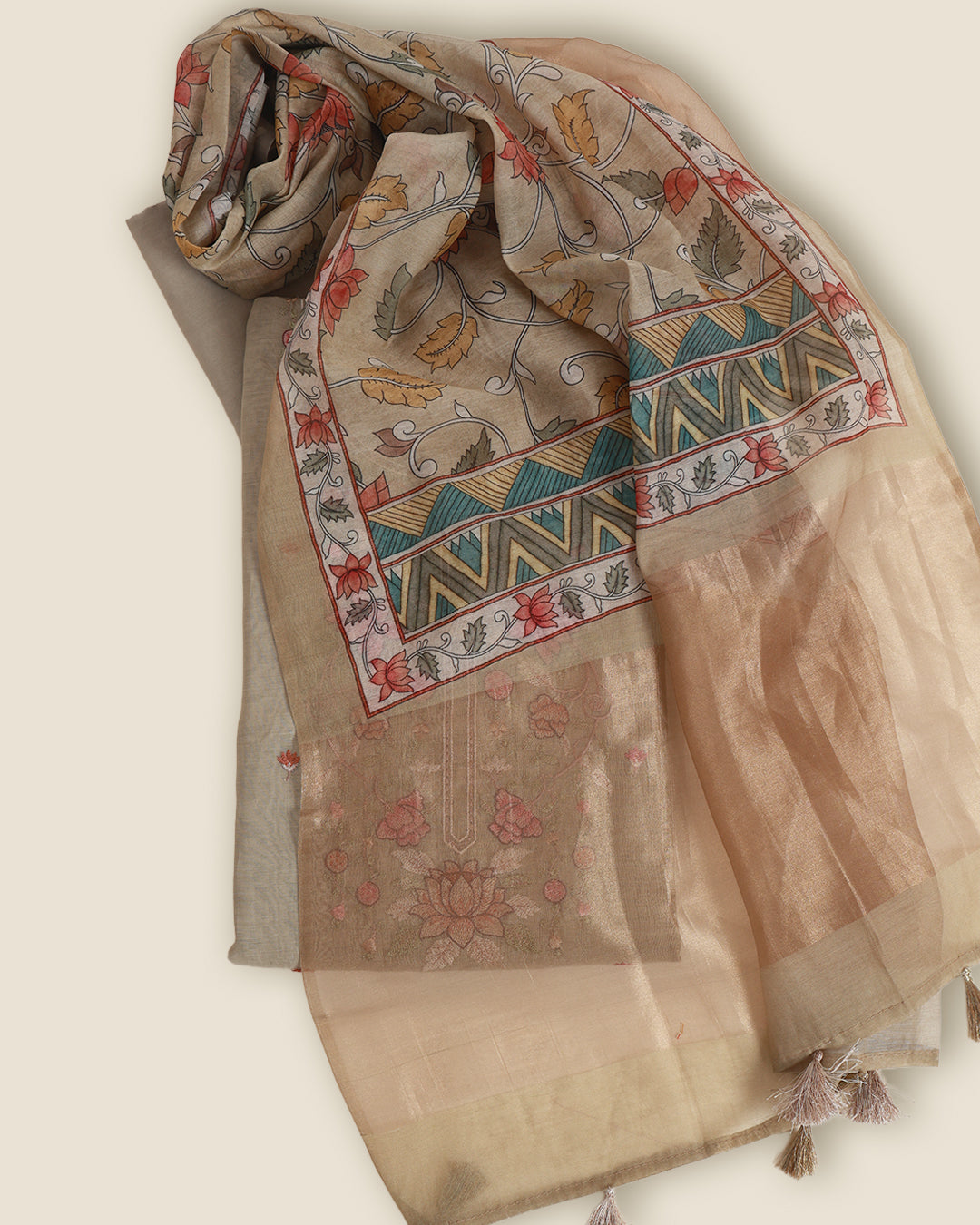 Dusty Green Fine Chanderi Suit with Resham Embroidered Neck