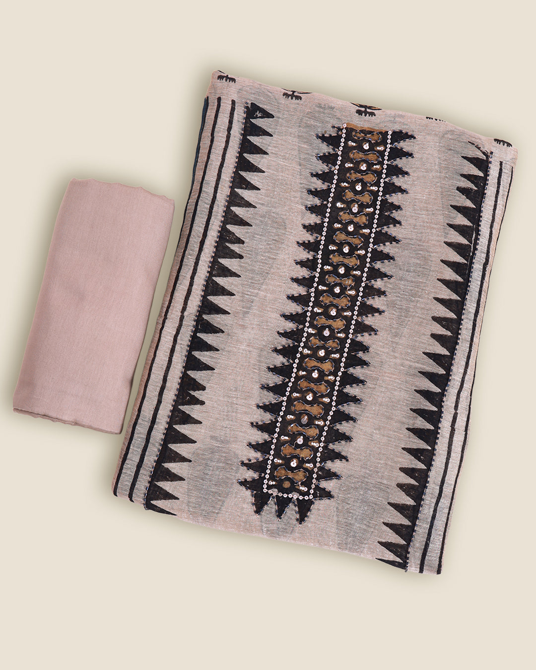 Beige Silk Linen Ajrakh Print Suit with Sequins, Pearl & Cutdana Work