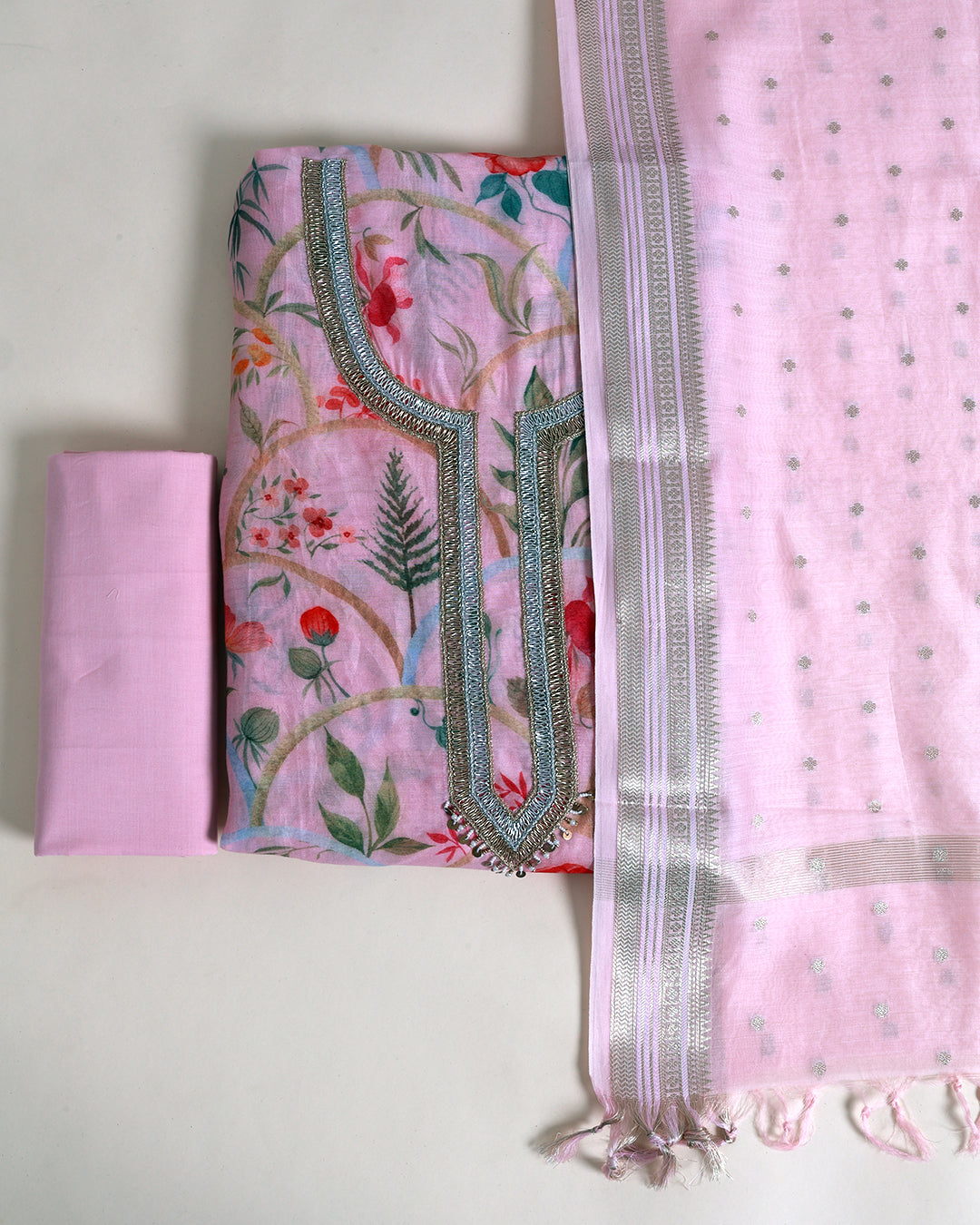 Pastel Pink Fine Chanderi Digital Printed Suit with Embroidered Dupatta