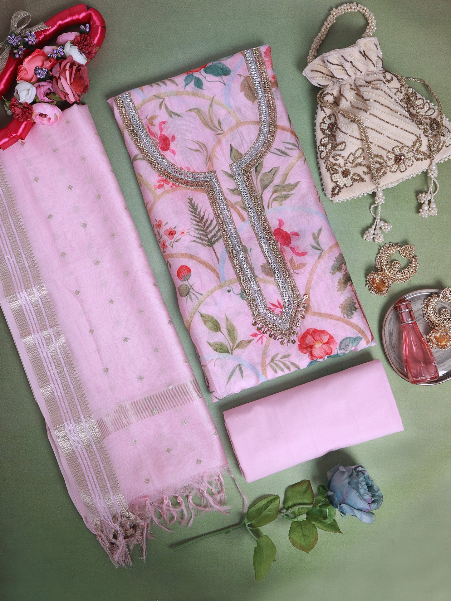 Pastel Pink Fine Chanderi Digital Printed Suit with Embroidered Dupatta
