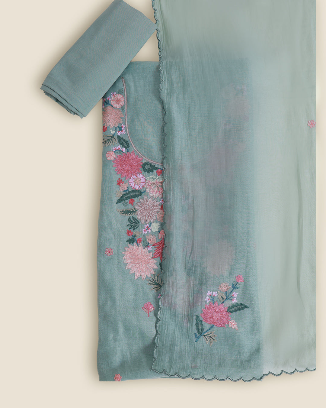 Sea Green Fine Chanderi Suit with Aari Embroidery & Butti Dupatta