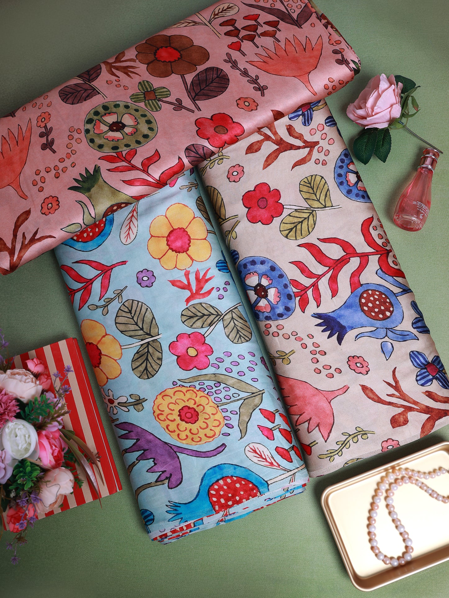 Peach Modal Satin Digital Kalamkari Printed Fabric