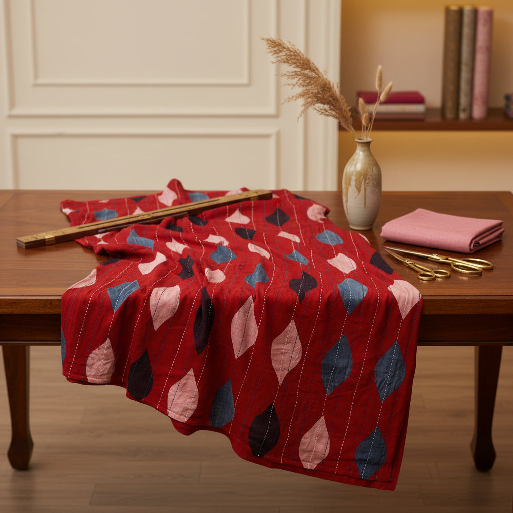 A square red textile, likely a scarf or small blanket, featuring a geometric diamond pattern in pink, blue, and black with vertical dashed lines, displayed flat against a light beige background.