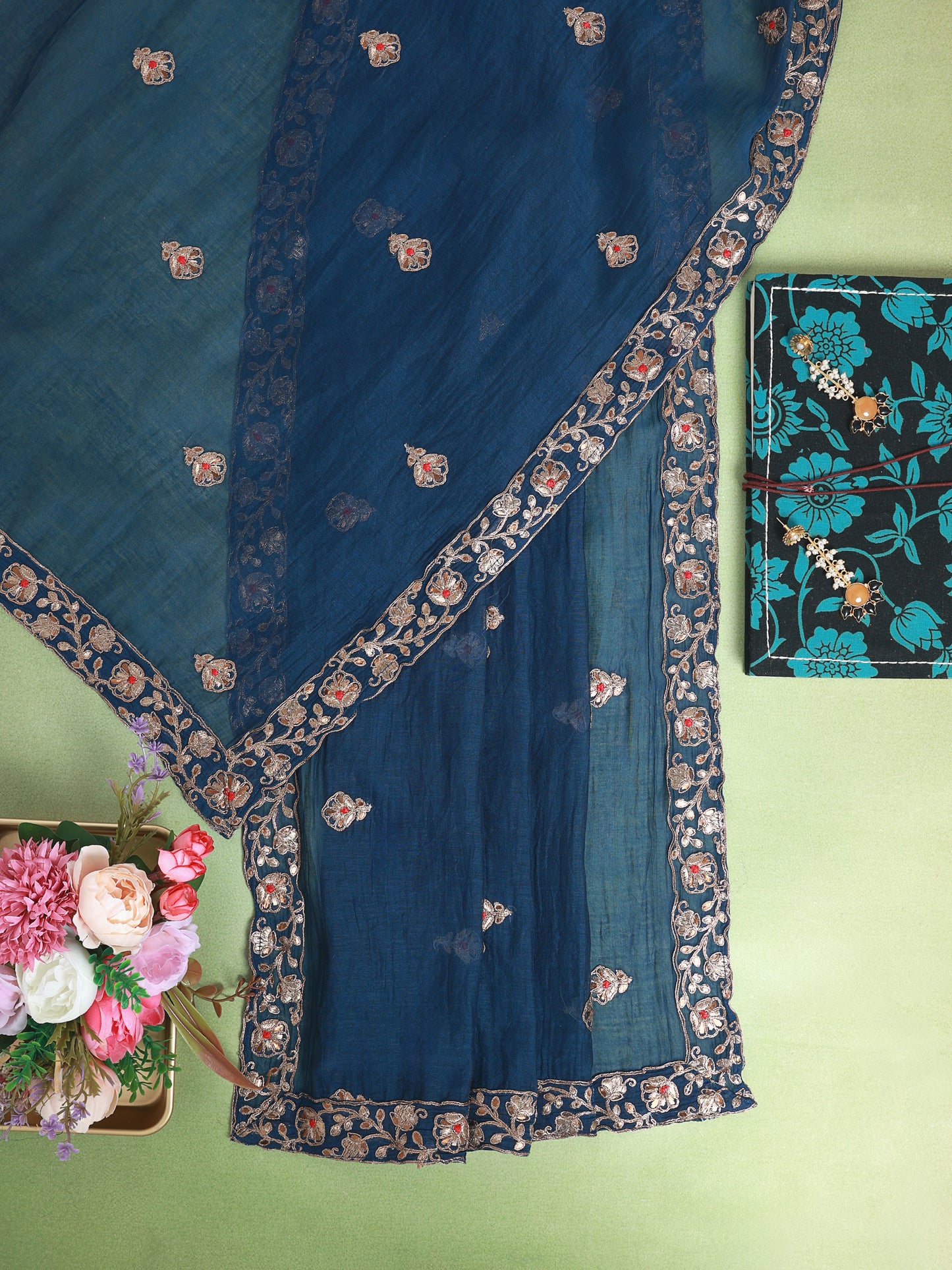Fine Chanderi Antique Kasab Embroidered Fabric with Mina Dupatta