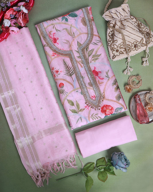 Pastel Pink Fine Chanderi Digital Printed Suit with Embroidered Dupatta