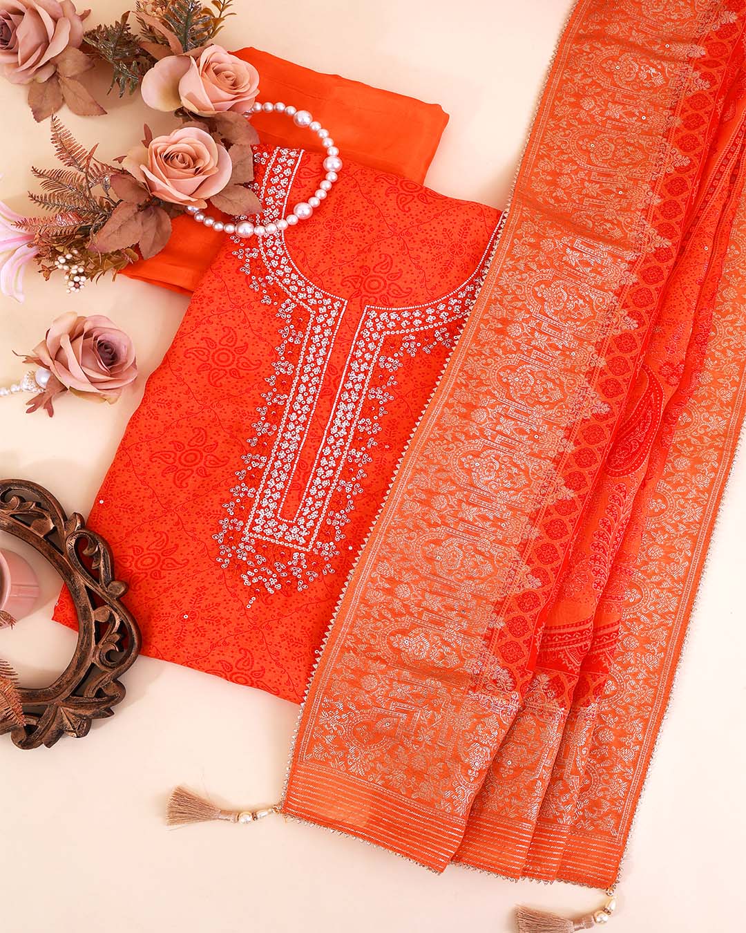 Orange Organza Printed Suit with Zardosi Embroidery & Lurex Dupatta
