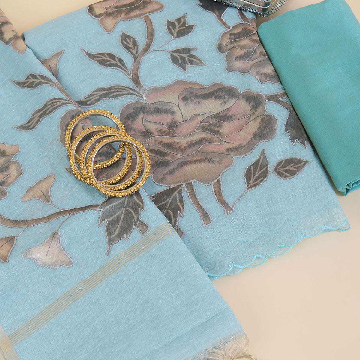 Powder Blue Tissue Chanderi Applique Embroidered Suit
