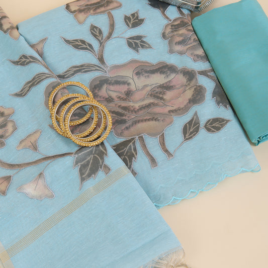 Powder Blue Tissue Chanderi Applique Embroidered Suit