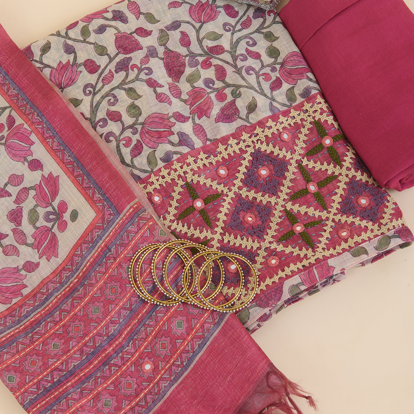 Beige & Pink Chanderi Printed Embroidered Kurta Set