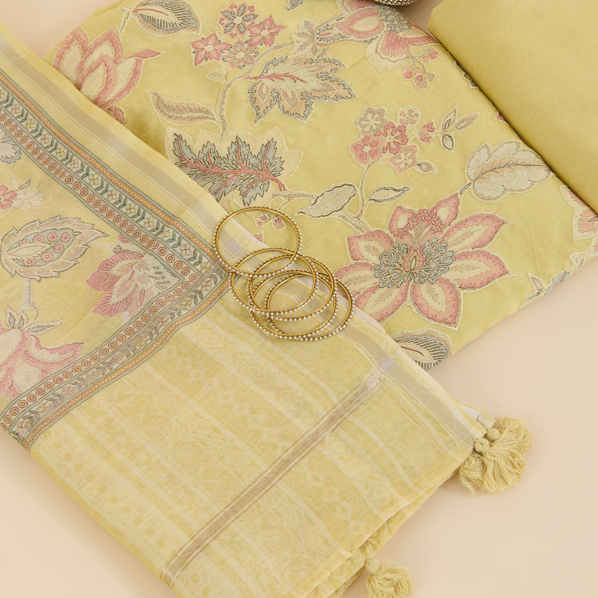Beige Gold Chanderi Applique Embroidered Kurta Set