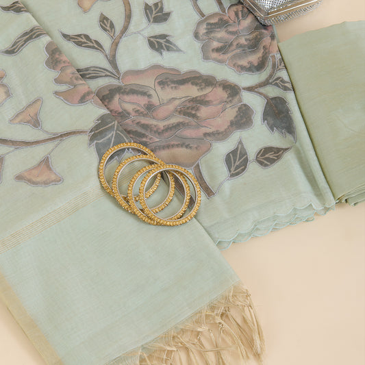 Pista Green Tissue Chanderi Applique Embroidered Suit