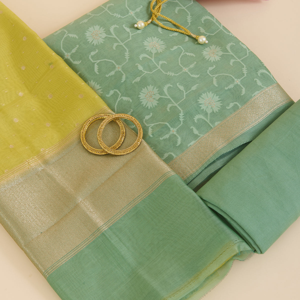 Dusty Green Chanderi Woven Suit with Yellow Dupatta