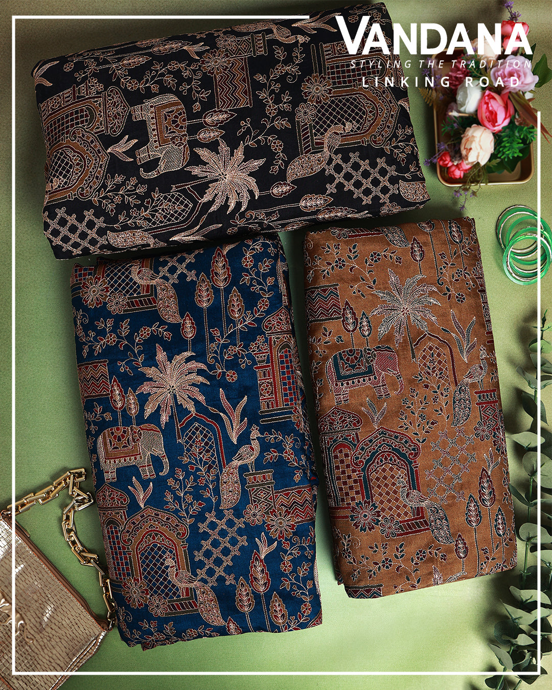 Slub Silk Figure Printed Fabric with Kasab Zari Embroidery
