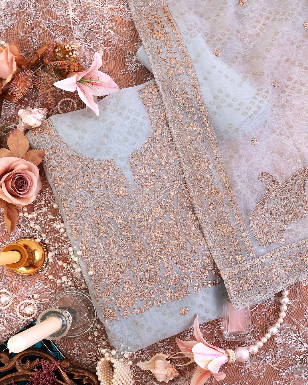 Light Blue Fine Chanderi Self Printed Suit with Zari Badla Embroidered Dupatta