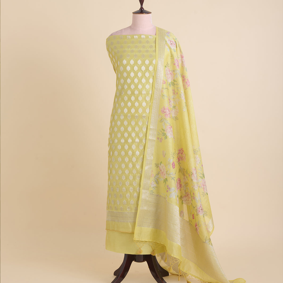 Lime Green Chanderi Woven Kurta with Printed Border Dupatta