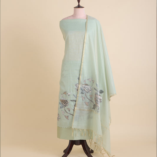 Pista Green Tissue Chanderi Applique Embroidered Suit