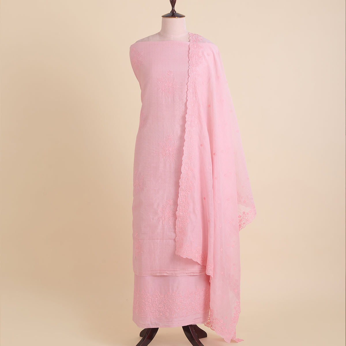 Pastel Pink Chanderi Self-Striped Embroidered Suit Set