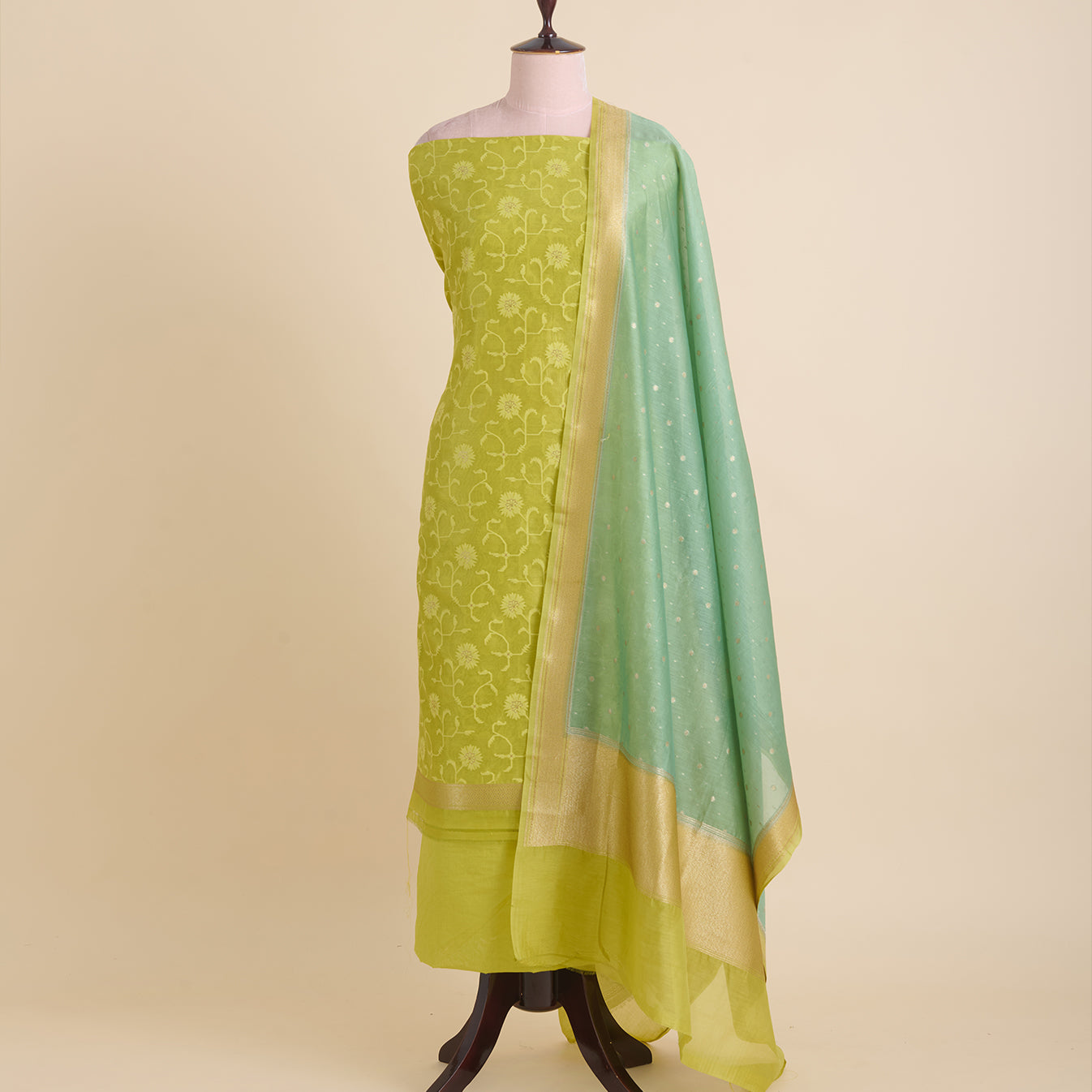 Lime Green Chanderi Woven Suit with Dusty Green Dupatta