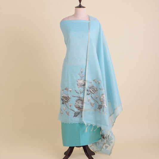 Powder Blue Tissue Chanderi Applique Embroidered Suit