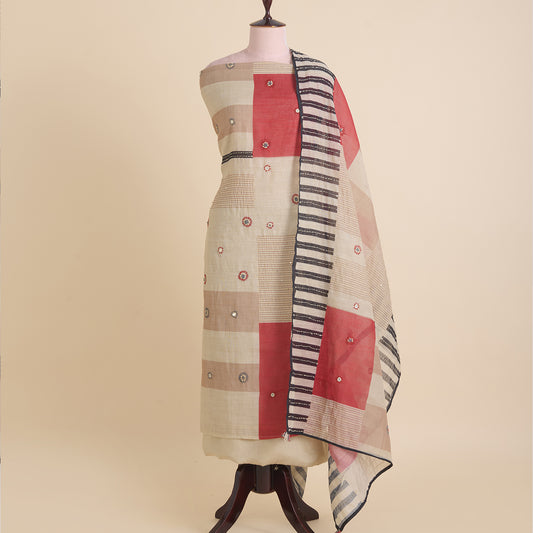 Red Cotton Linen Printed Embroidered Kurta Set with Dupatta