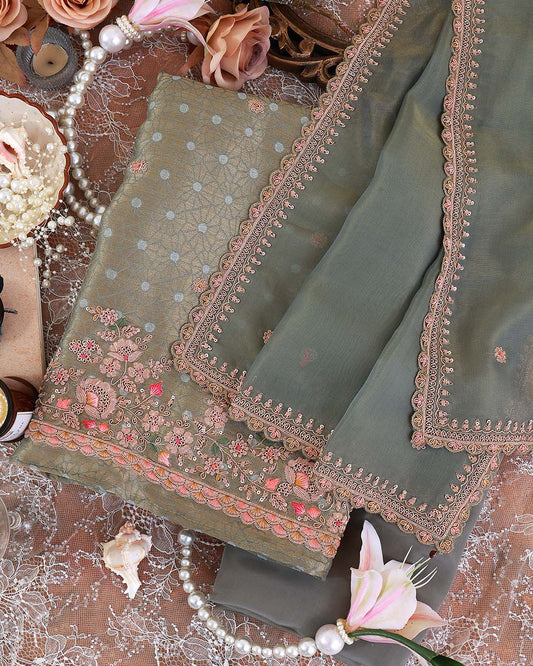 Dusty Grey Tissue Woven Suit with Zardosi Sequin Resham Embroidery Set