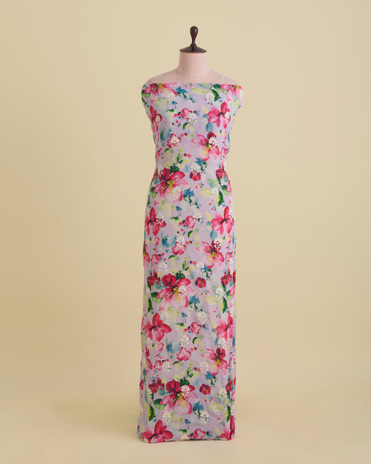 Lilac Matt Crepe Digital Floral Printed Fabric with Lucknowi Embroidery Buta