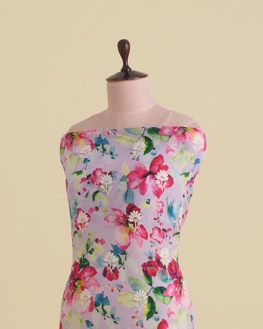 Lilac Matt Crepe Digital Floral Printed Fabric with Lucknowi Embroidery Buta