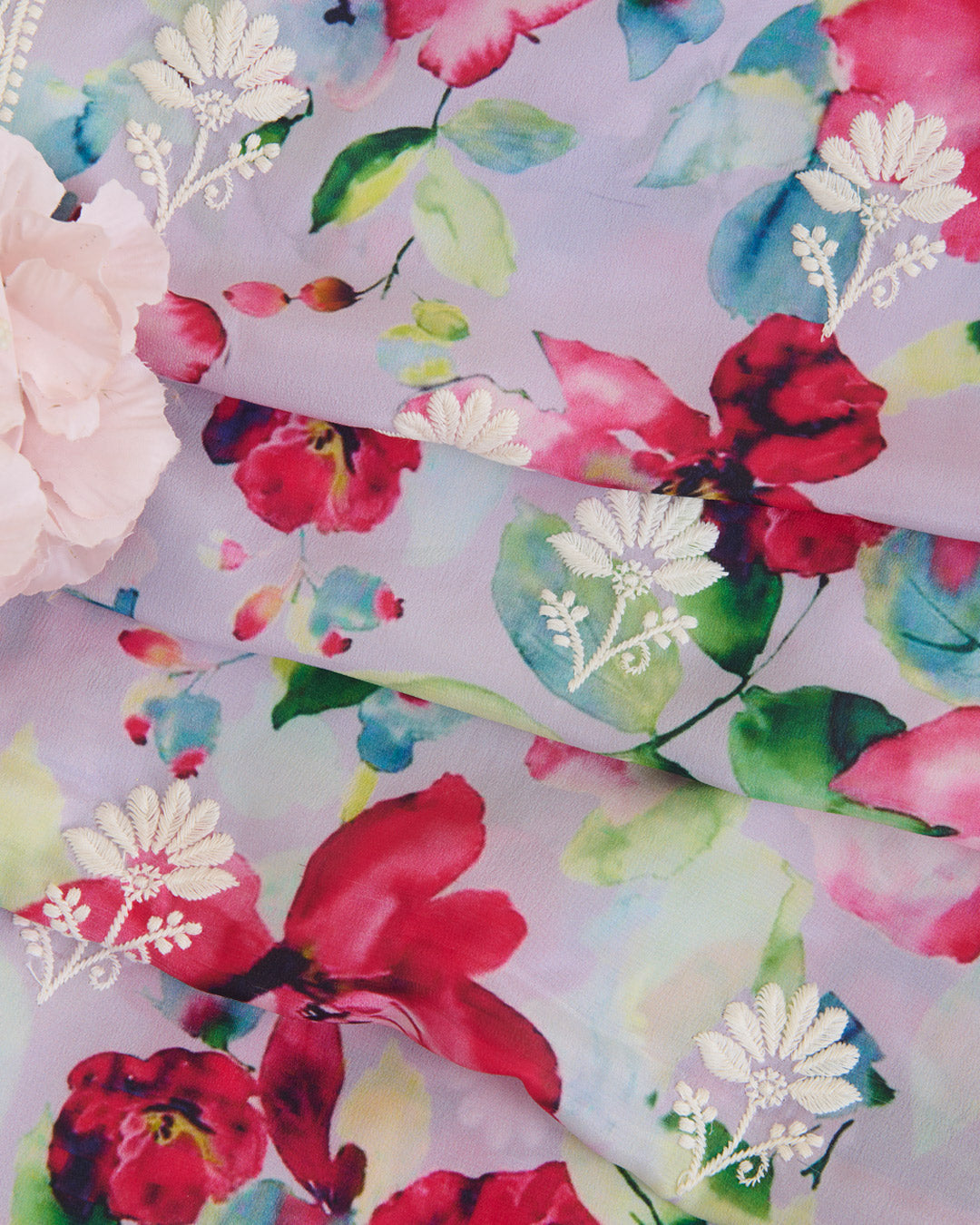 Lilac Matt Crepe Digital Floral Printed Fabric with Lucknowi Embroidery Buta