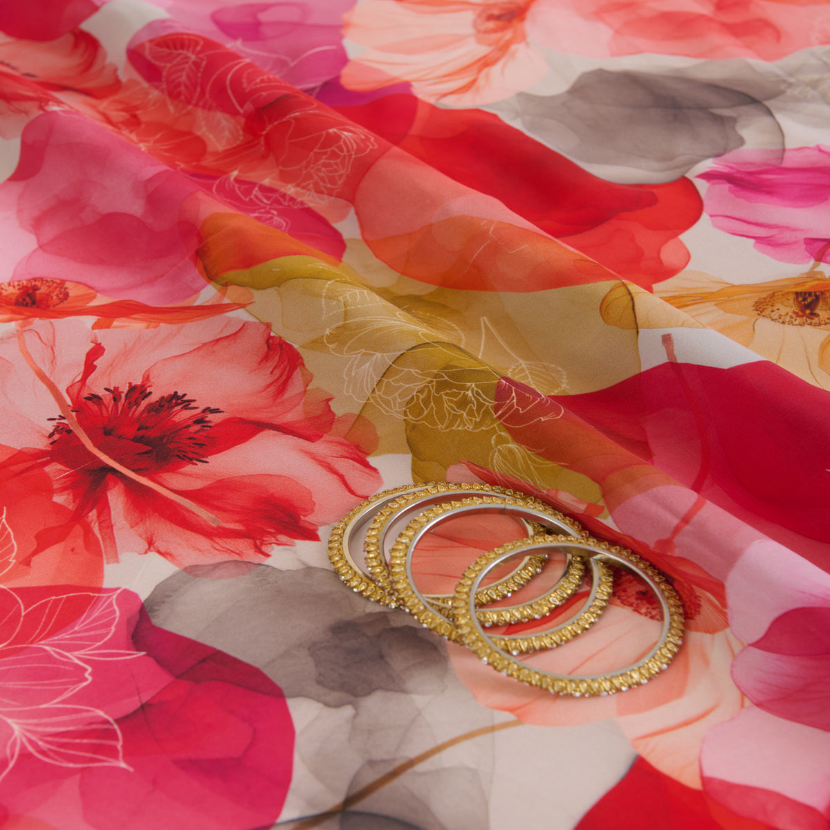 Red Multi 60 GSM Crepe Digital Floral Jaal Printed Fabric