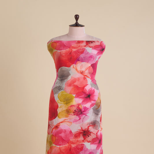 Red Multi 60 GSM Crepe Digital Floral Jaal Printed Fabric