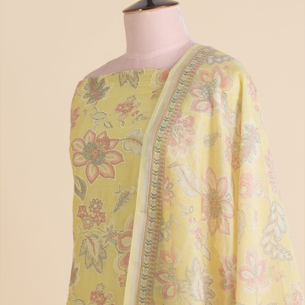 Beige Gold Chanderi Applique Embroidered Kurta Set