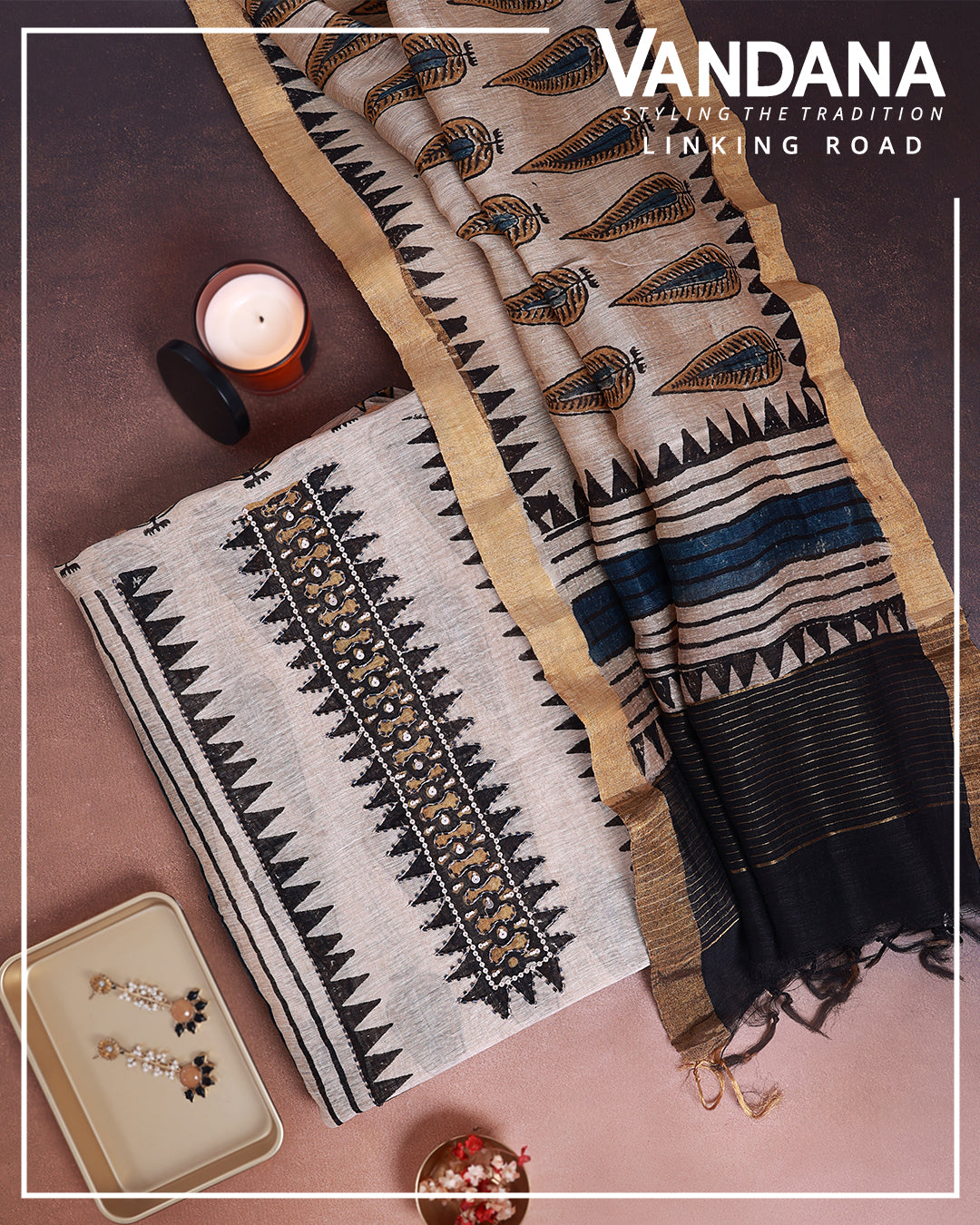 Beige Silk Linen Ajrakh Print Suit with Sequins, Pearl & Cutdana Work