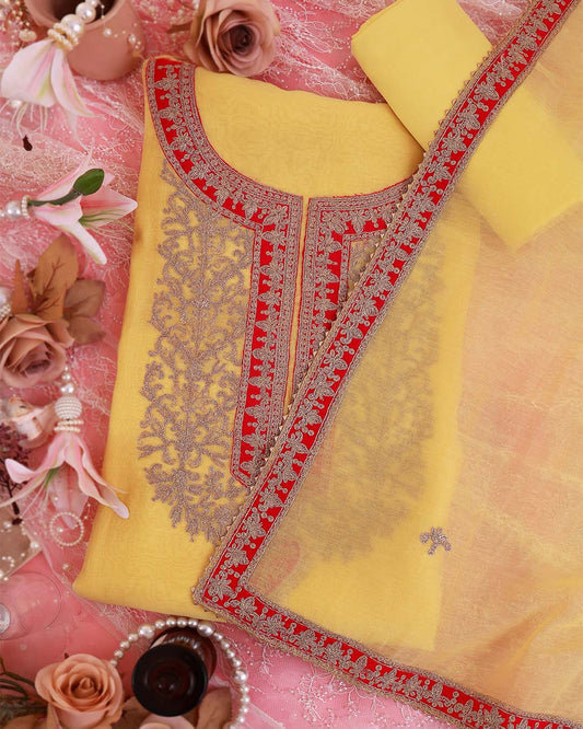 Yellow Fine Chanderi Suit with Dori Patch Work Embroidery & Dupatta