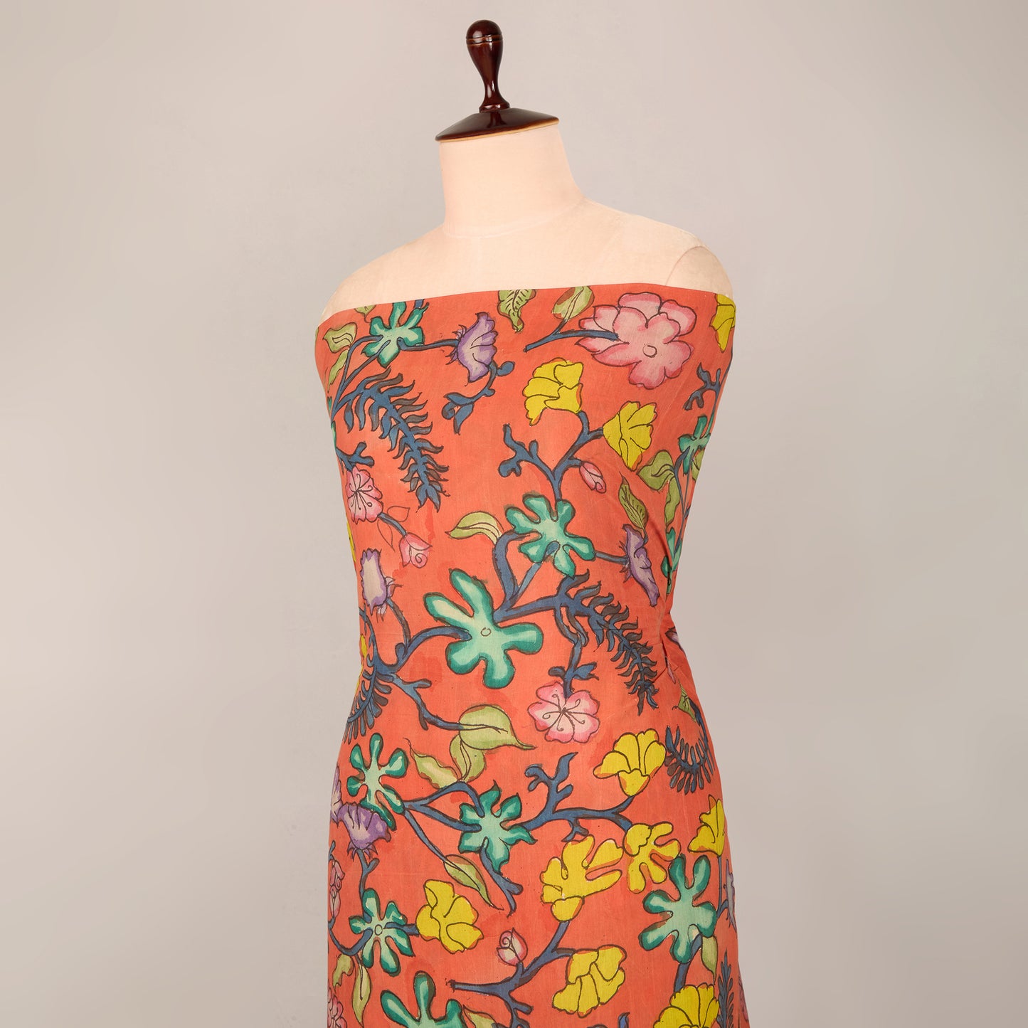 Brick Assam Kalamkari Jaal Hand Printed Fabric