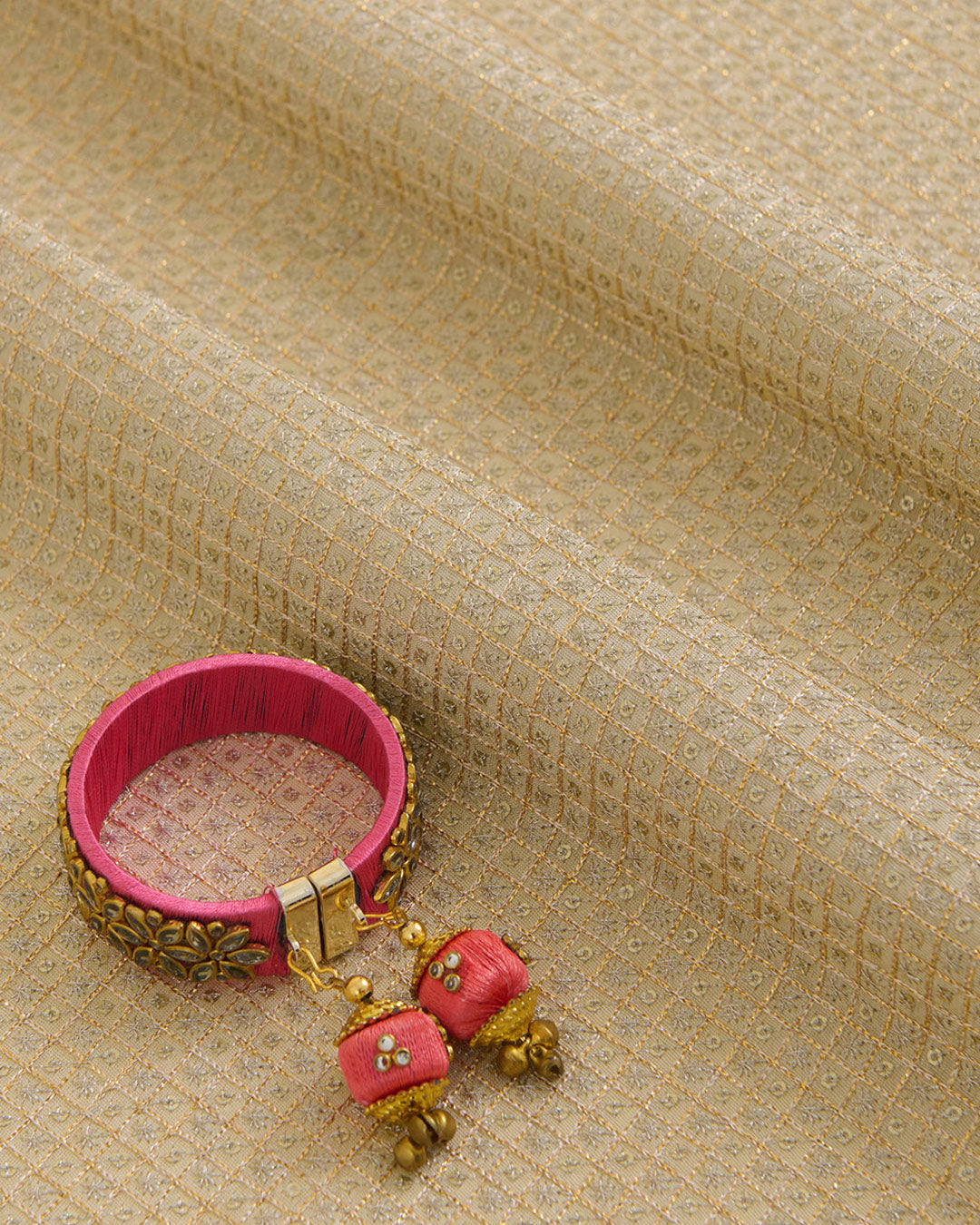 Beige Gold Art Organza Tissue Kasab Checks Fabric